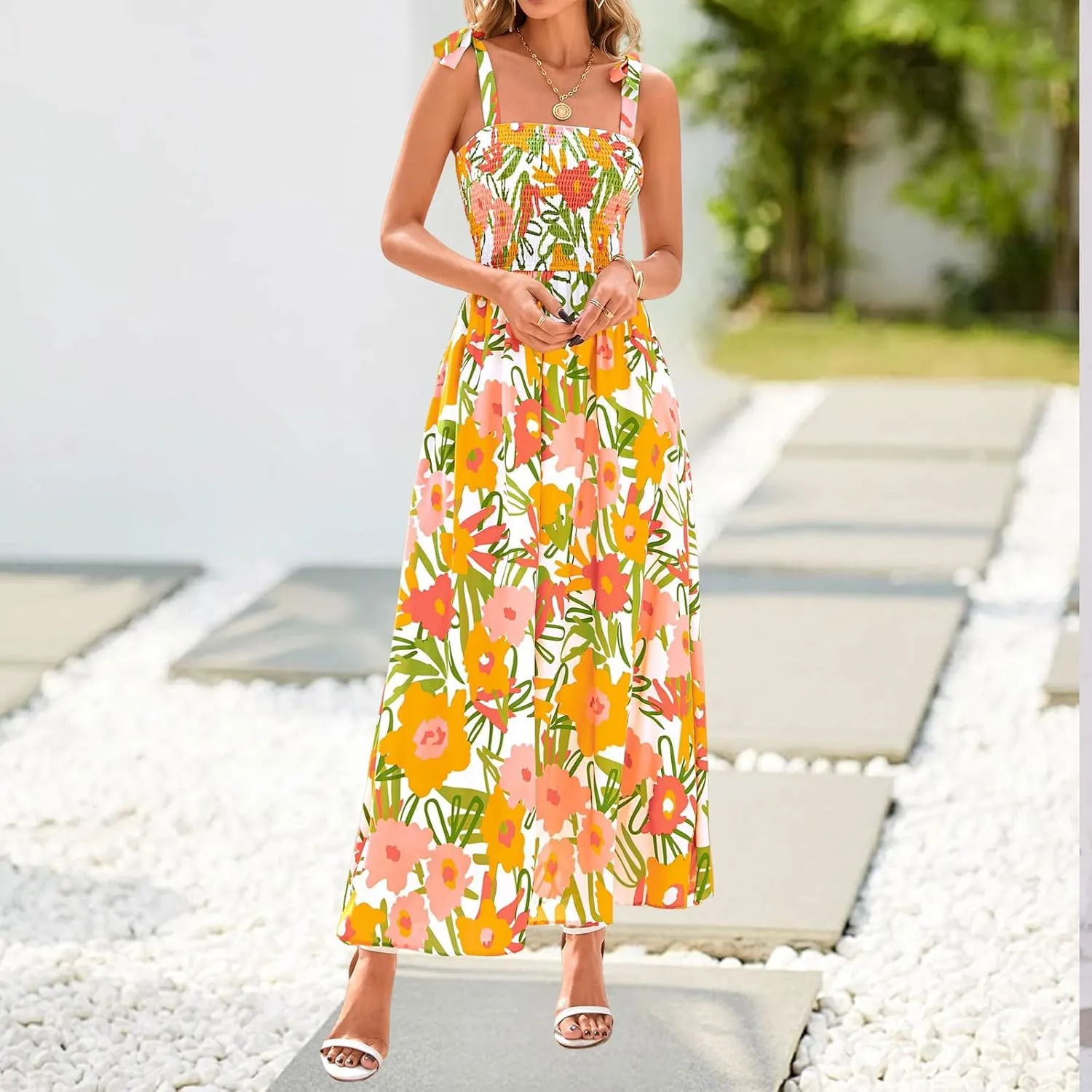 Womens Summer Boho Dress Floral Square Neck Spaghetti Strap Flowy Dress Ruffle A Line Beach Swing Maxi Long Sundress