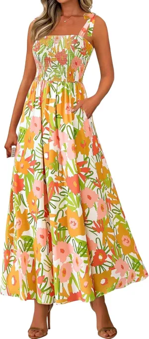 Womens Summer Boho Dress Floral Square Neck Spaghetti Strap Flowy Dress Ruffle A Line Beach Swing Maxi Long Sundress