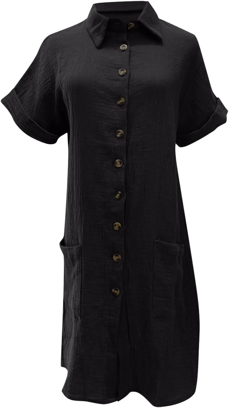 Women's Summer Cotton Shirt Dress Short Sleeves Button Down Knee Length Dresses Casual Loose Mini Dress with Pockets
