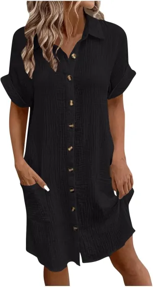 Women's Summer Cotton Shirt Dress Short Sleeves Button Down Knee Length Dresses Casual Loose Mini Dress with Pockets