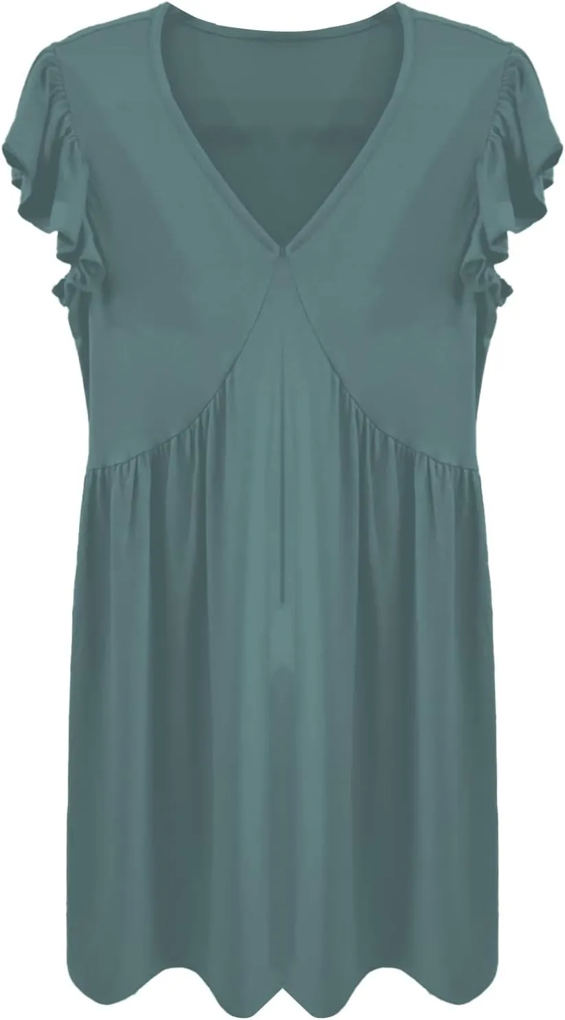 Women's Summer Dresses 2025 Beach Casual Deep V Neck Loose Sundress Ruffle Sleeve Mini Dress