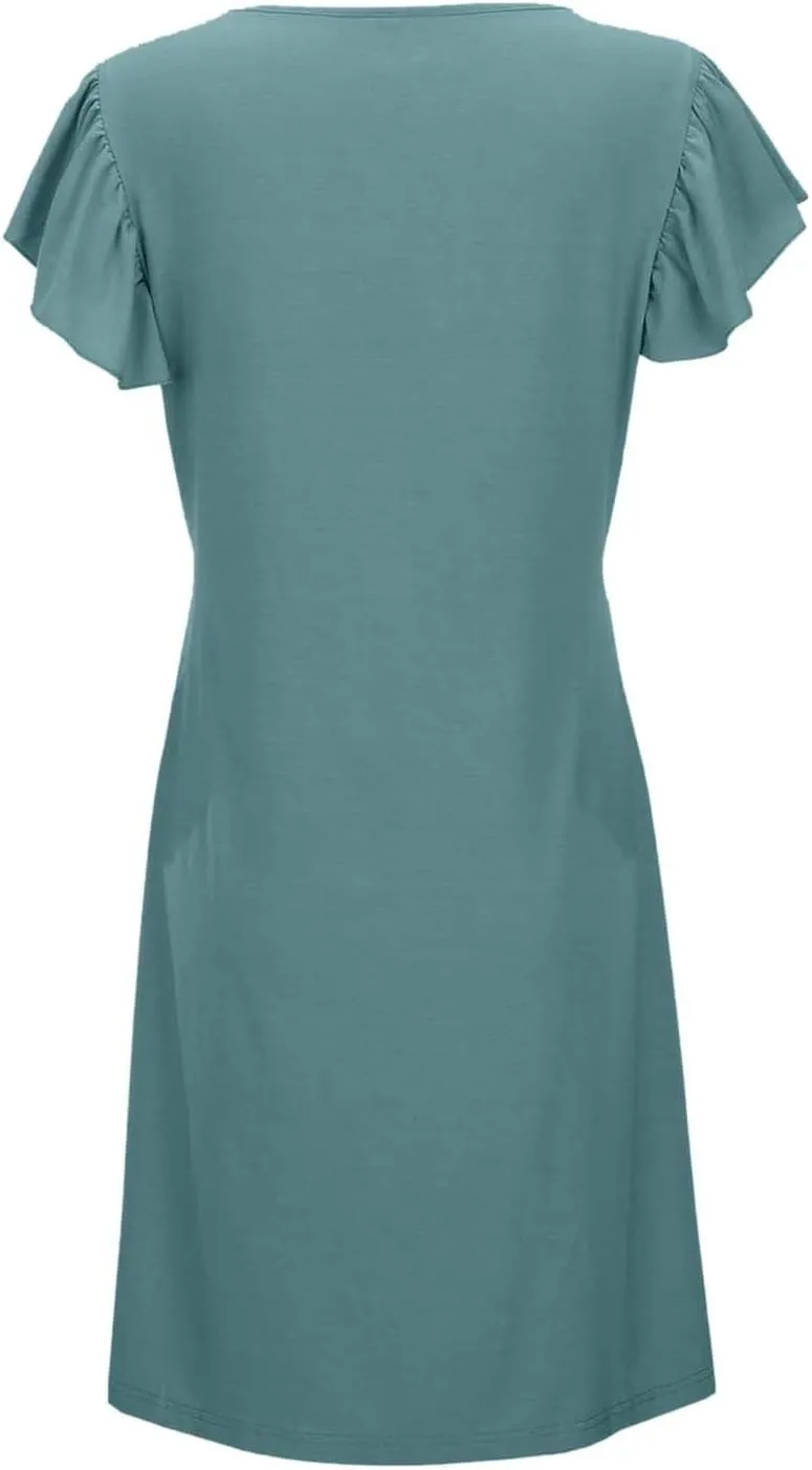Women's Summer Dresses 2025 Vacation Dress Beach Casual Deep V Neck Loose Sundress Ruffle Sleeve Mini Dress
