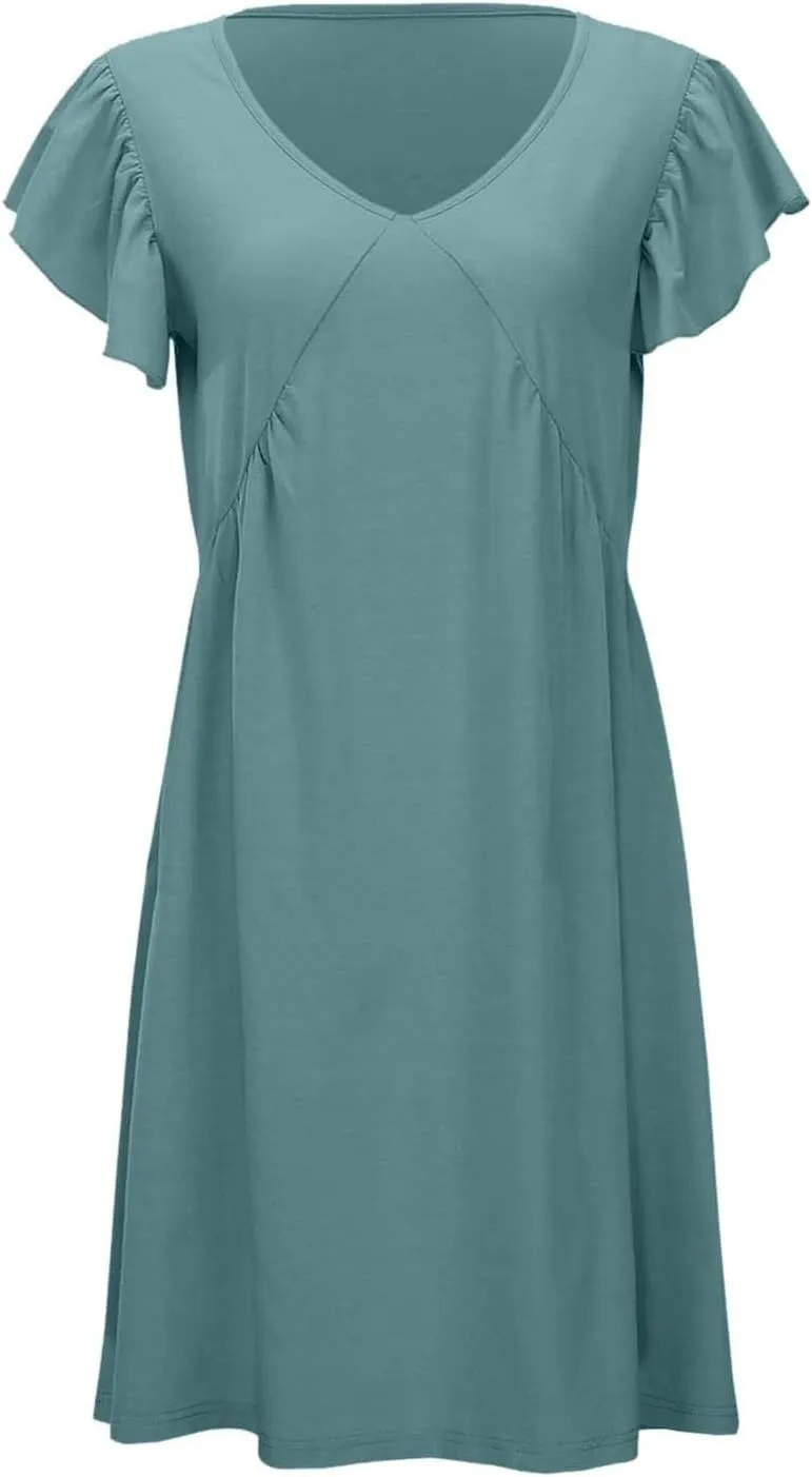 Women's Summer Dresses 2025 Vacation Dress Beach Casual Deep V Neck Loose Sundress Ruffle Sleeve Mini Dress