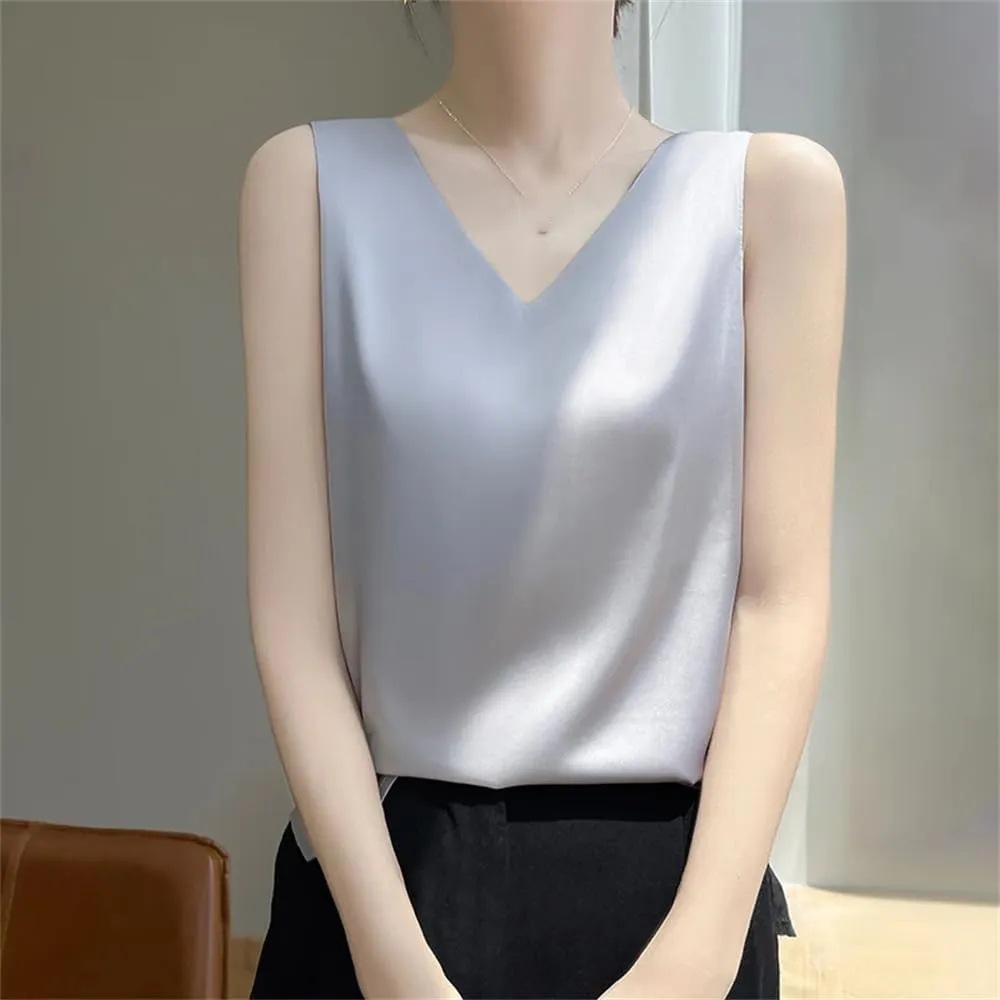 Women's Summer Sexy Silk Satin Tank Tops Loose V-Neck Sleeveless Camisole T-Shirt