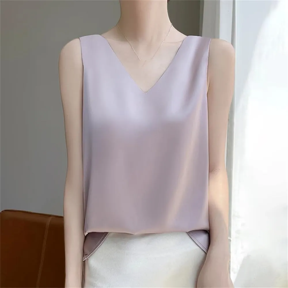 Women's Summer Sexy Silk Satin Tank Tops Loose V-Neck Sleeveless Camisole T-Shirt