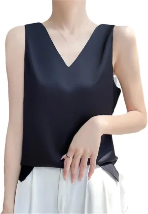 Women's Summer Sexy Silk Satin Tank Tops Loose V-Neck Sleeveless Camisole T-Shirt