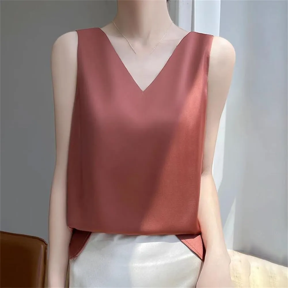 Women's Summer Sexy Silk Satin Tank Tops Loose V-Neck Sleeveless Camisole T-Shirt