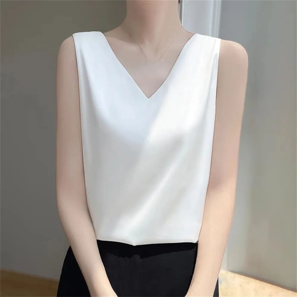 Women's Summer Sexy Silk Satin Tank Tops Loose V-Neck Sleeveless Camisole T-Shirt