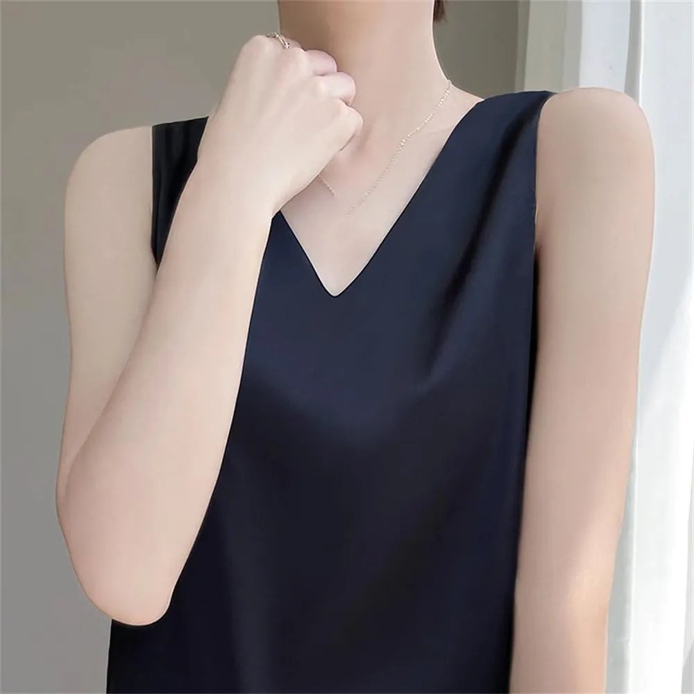 Women's Summer Sexy Silk Satin Tank Tops Loose V-Neck Sleeveless Camisole T-Shirt