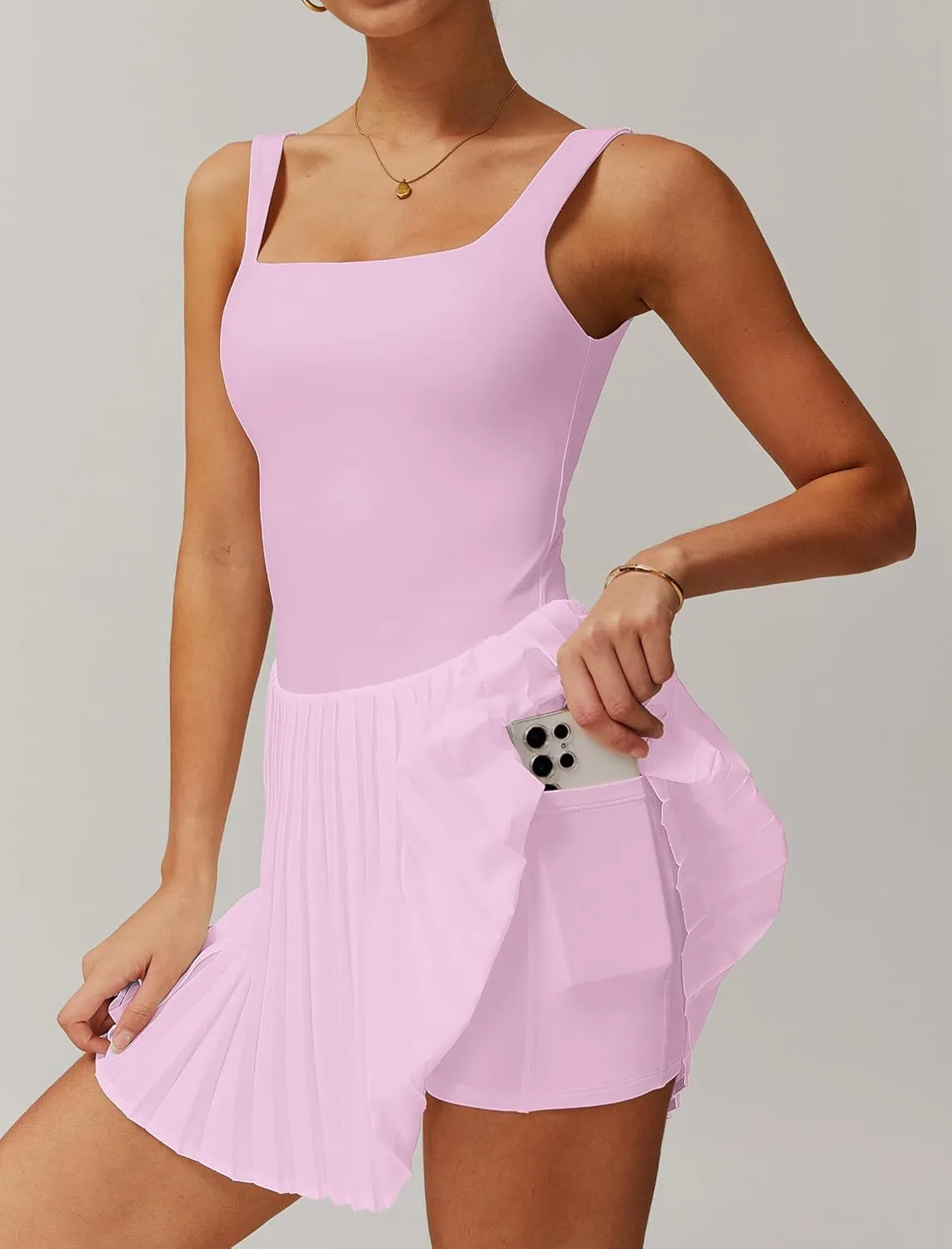 Womens Tennis Golf Dress with Built-in Bra Shorts Backless Square Neck Pleated Hem Athletic Dresses with Pockets