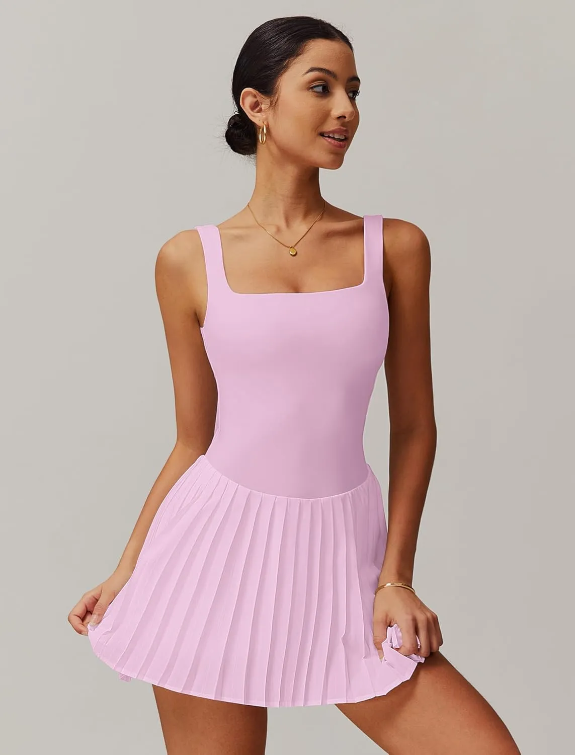 Womens Tennis Golf Dress with Built-in Bra Shorts Backless Square Neck Pleated Hem Athletic Dresses with Pockets