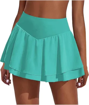 Women's Tennis Skorts Fashion Ruffle High-Waisted Skirt with Built-in Shorts Summer Solid Athletic Running Clothes