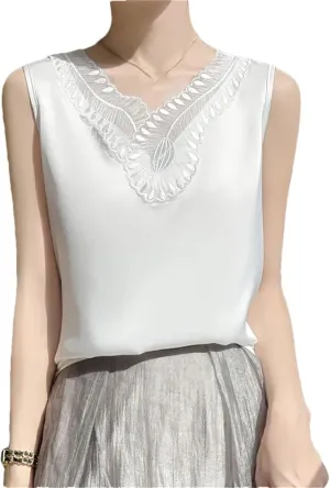 Women's V-Neck Lace Satin Camisole Top Summer Sleeveless Strap Bottoming T-Shirt Vest