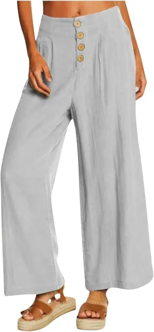 Women's Wide Leg Casual Pants Summer High Waisted Cotton Linen Palazzo Trousers Long Pants with Pocket