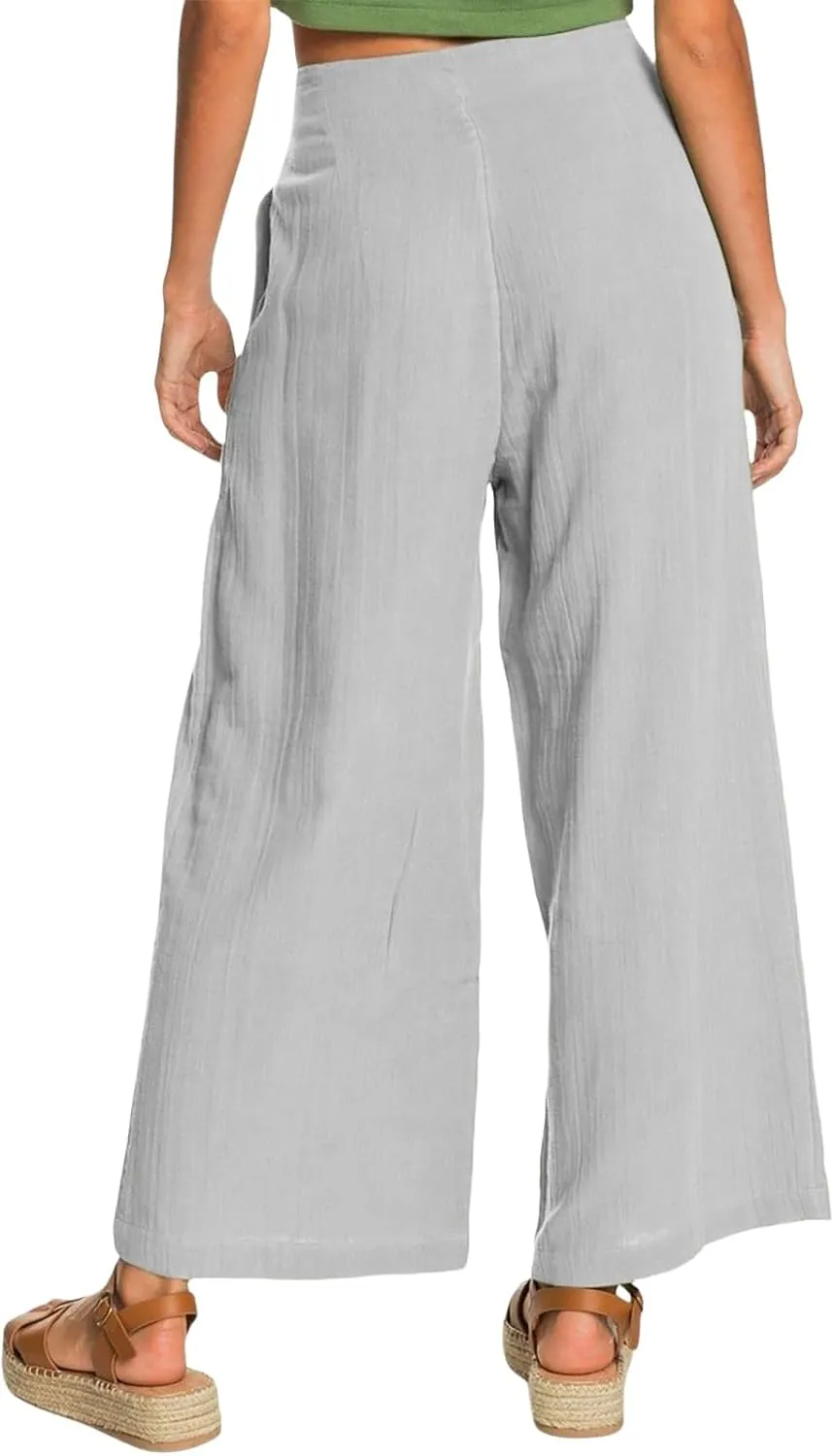 Women's Wide Leg Casual Pants Summer High Waisted Cotton Linen Palazzo Trousers Long Pants with Pocket
