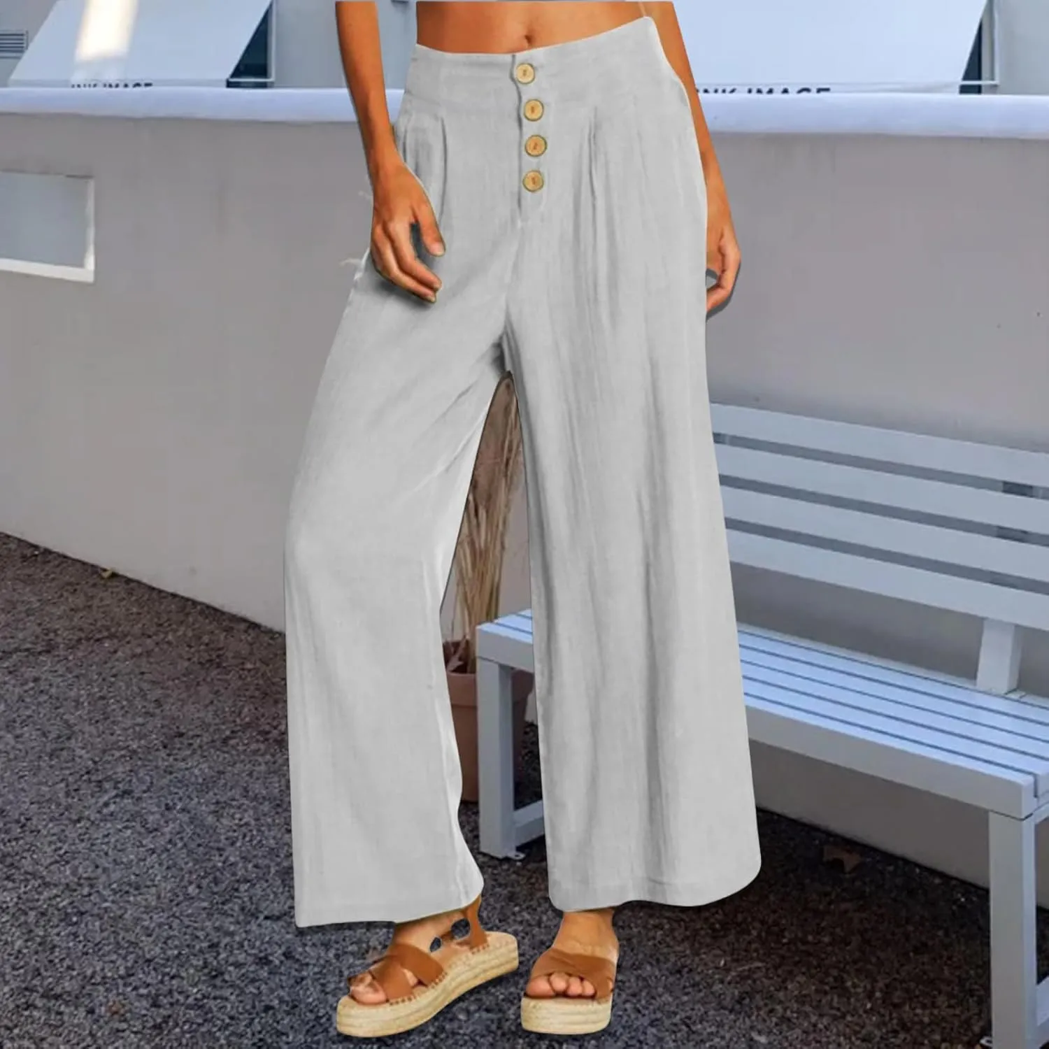 Women's Wide Leg Casual Pants Summer High Waisted Cotton Linen Palazzo Trousers Long Pants with Pocket