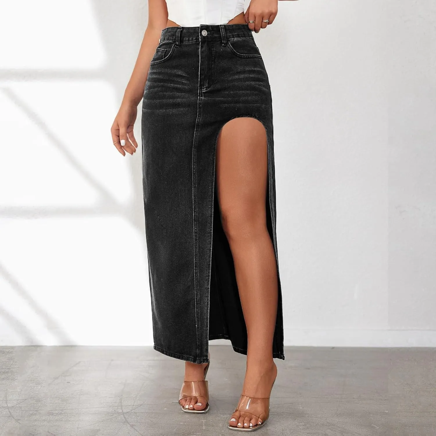 Women's Wide Leg Jeans High Waisted Casual Trendy Split Thigh Maxi Denim Skirt Ladies Zip Up Long Pencil Jean Skirt