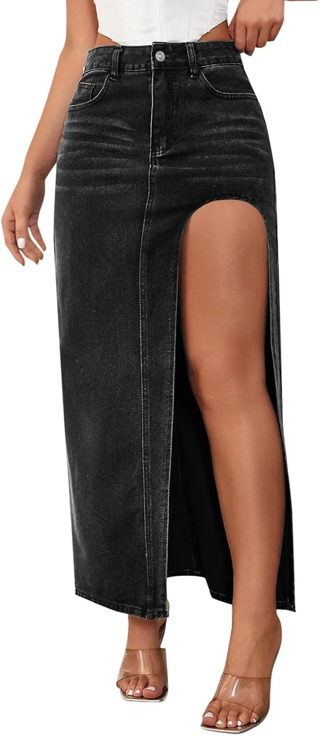 Women's Wide Leg Jeans High Waisted Casual Trendy Split Thigh Maxi Denim Skirt Ladies Zip Up Long Pencil Jean Skirt