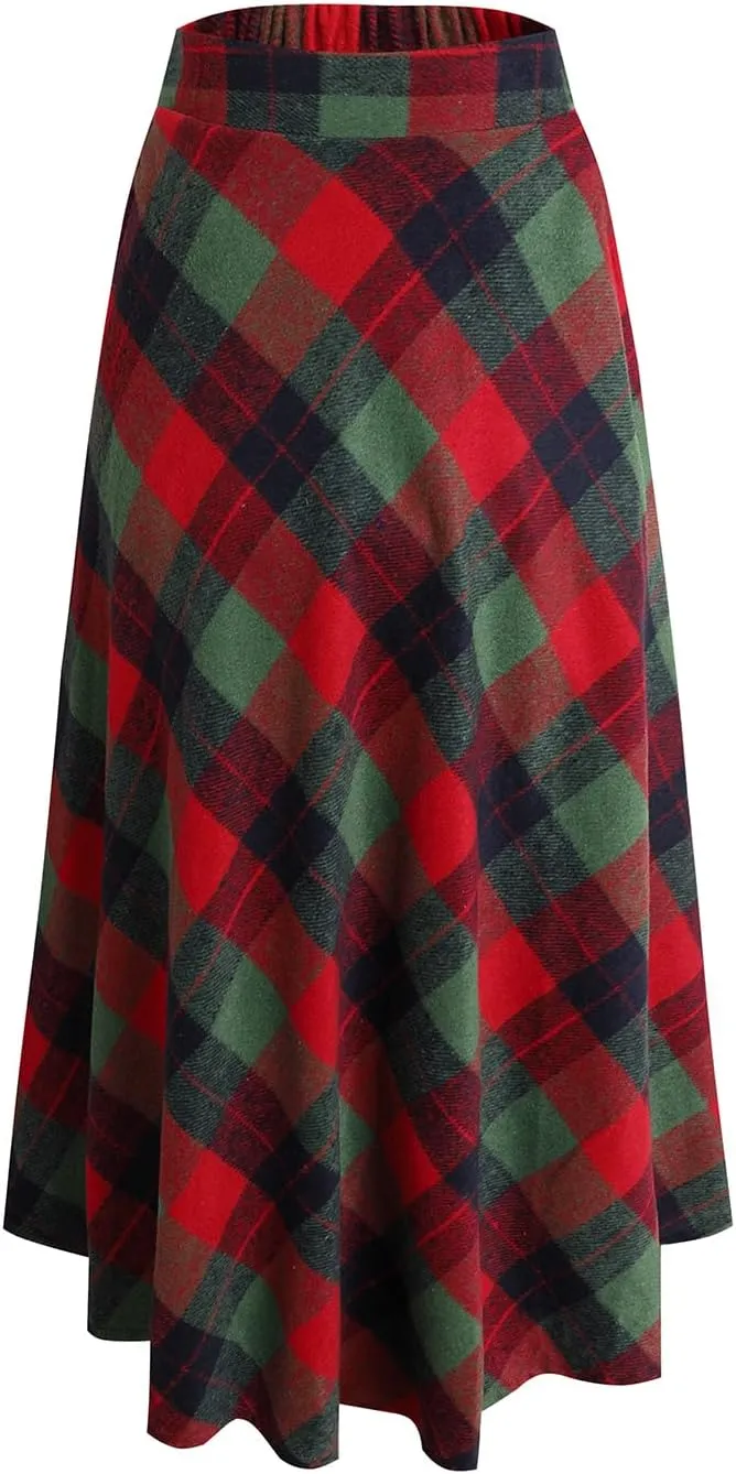 Women's Winter Plaid Maxi Skirt Elegant High Waist Warm Wool Long Pleated Skirt S-3XL