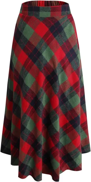Women's Winter Plaid Maxi Skirt Elegant High Waist Warm Wool Long Pleated Skirt S-3XL