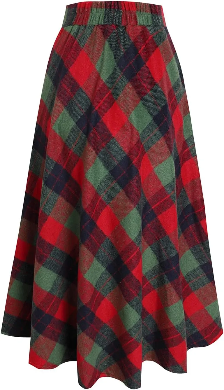 Women's Winter Plaid Maxi Skirt Elegant High Waist Warm Wool Long Pleated Skirt S-3XL