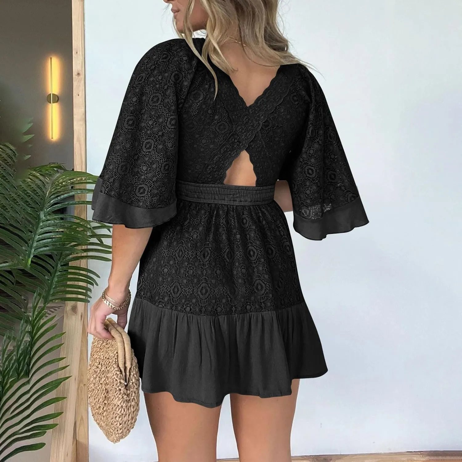 Women's Wrap V Neck Short Sleeve Lace Mini Dress 2025 Summer A Line Swing Ruffle Hem Casual Button Boho Beach Dresses