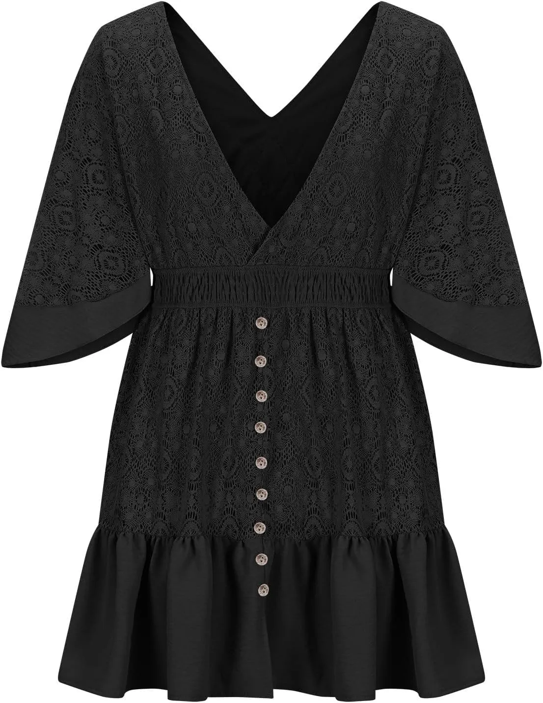 Women's Wrap V Neck Short Sleeve Lace Mini Dress 2025 Summer A Line Swing Ruffle Hem Casual Button Boho Beach Dresses