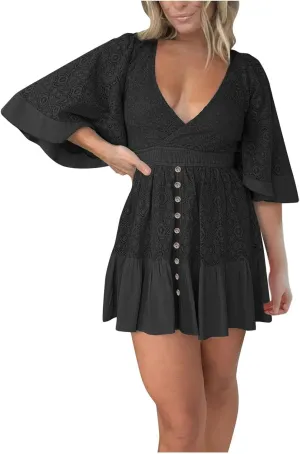 Women's Wrap V Neck Short Sleeve Lace Mini Dress 2025 Summer A Line Swing Ruffle Hem Casual Button Boho Beach Dresses