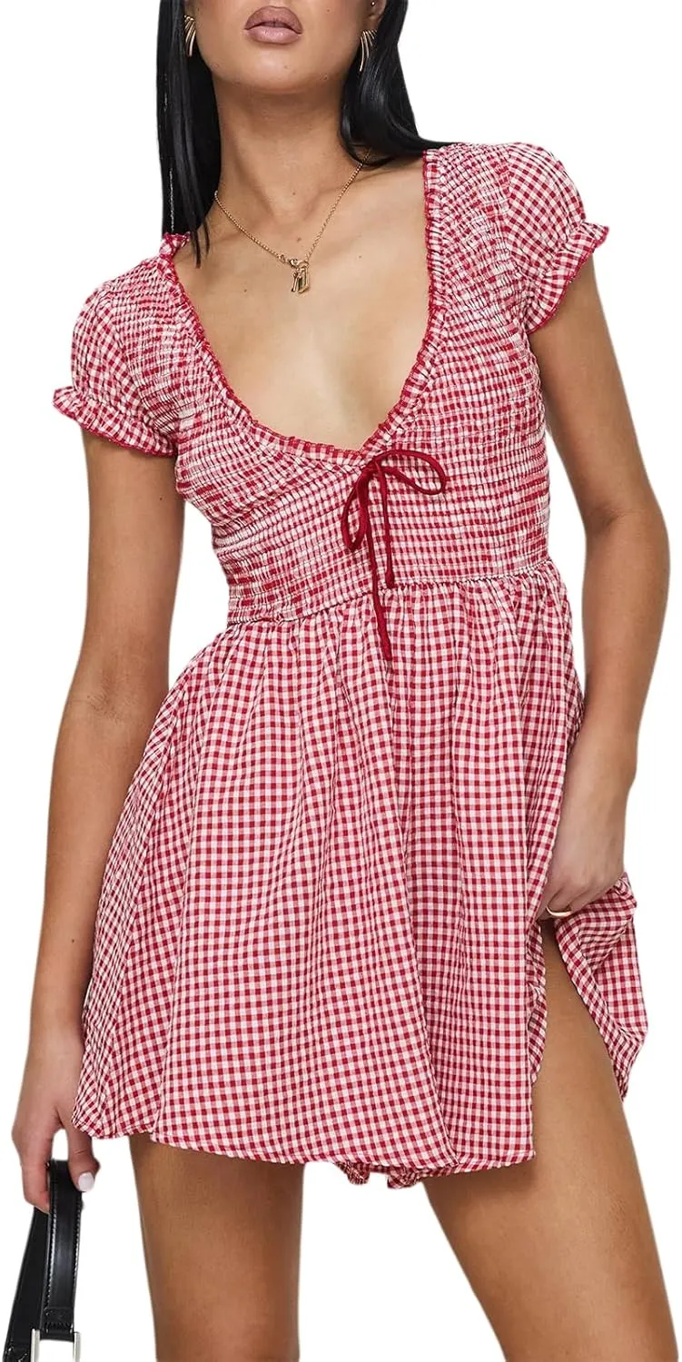 Womens Y2k Gingham Plaid Mini Romper Dress Short Sleeve V Neck Smocked Waist Babydoll Dress Club Cocktail Sundress