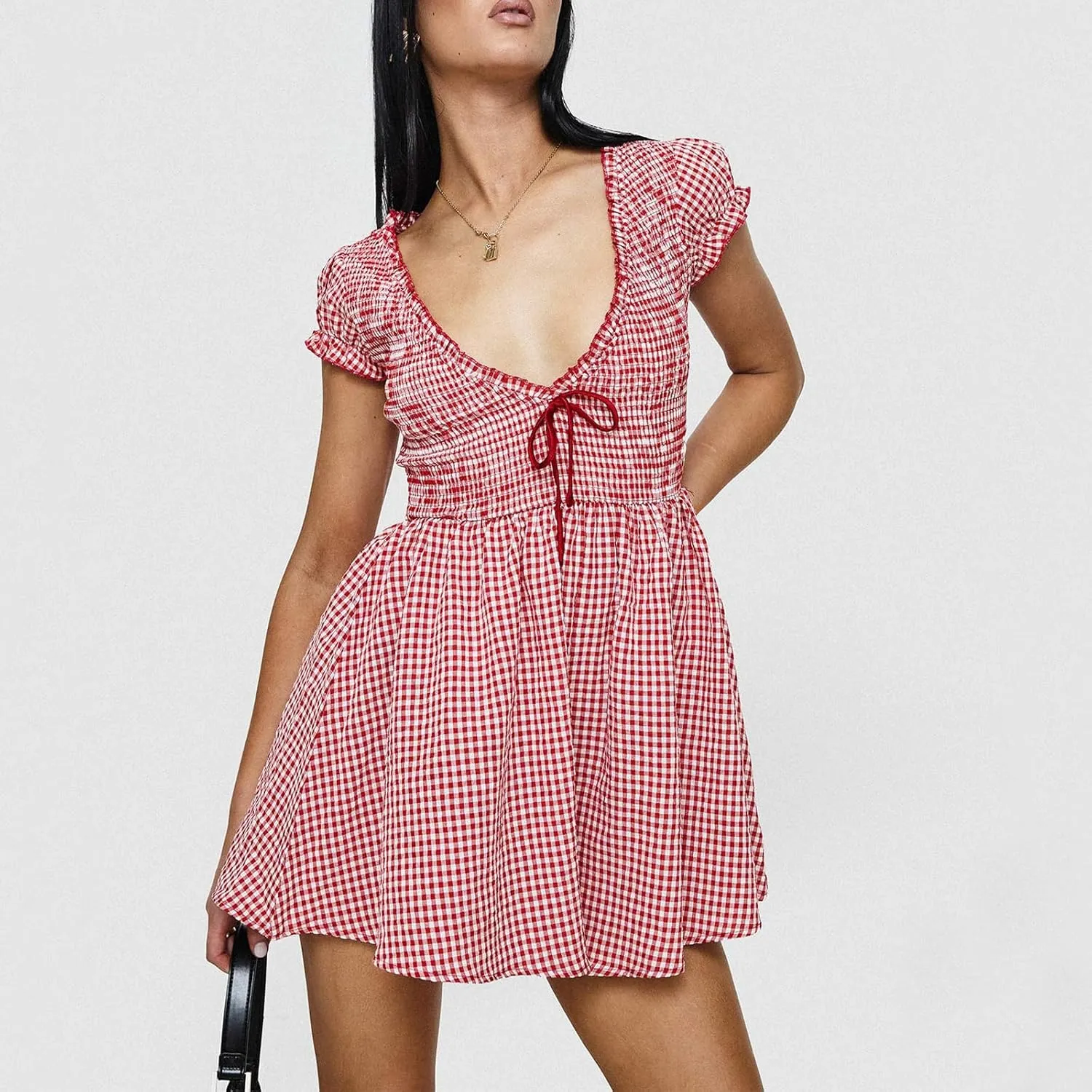 Womens Y2k Gingham Plaid Mini Romper Dress Short Sleeve V Neck Smocked Waist Babydoll Dress Club Cocktail Sundress