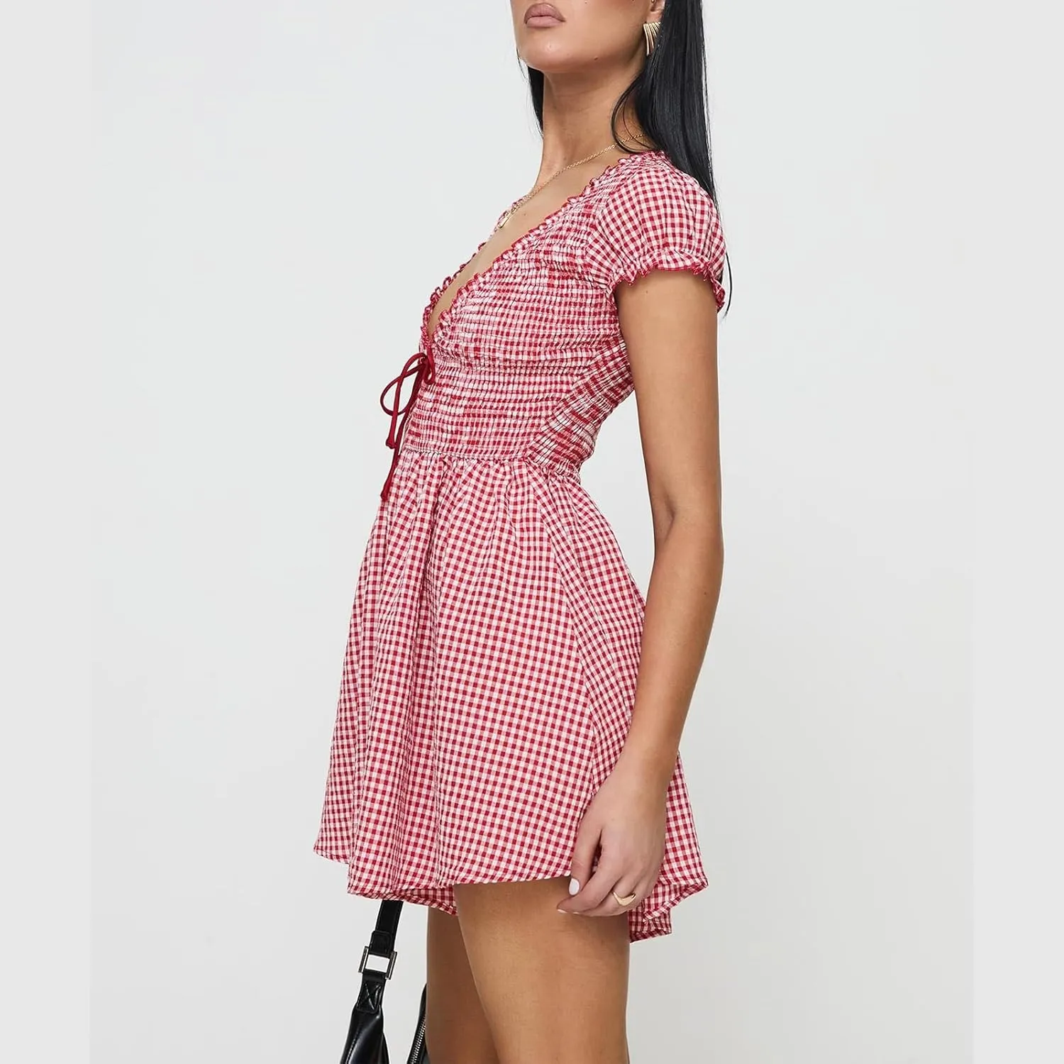 Womens Y2k Gingham Plaid Mini Romper Dress Short Sleeve V Neck Smocked Waist Babydoll Dress Club Cocktail Sundress
