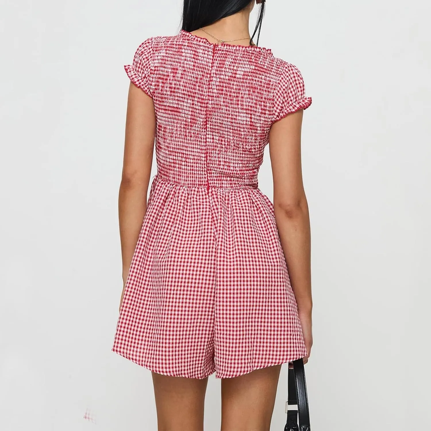 Womens Y2k Gingham Plaid Mini Romper Dress Short Sleeve V Neck Smocked Waist Babydoll Dress Club Cocktail Sundress
