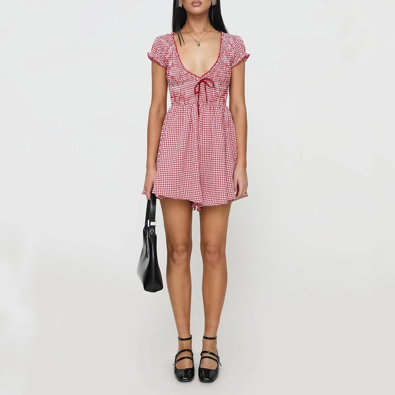 Womens Y2k Gingham Plaid Mini Romper Dress Short Sleeve V Neck Smocked Waist Babydoll Dress Club Cocktail Sundress