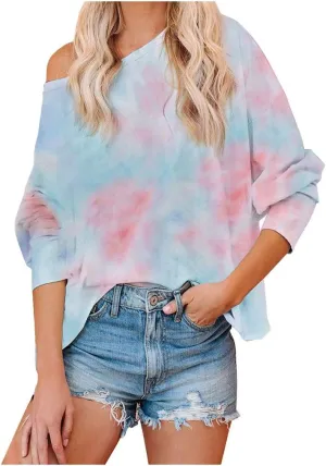 WUAI-Women Tie Dye Sweatshirt Oversized Long Sleeve Crewneck Loose Fit Casual Pullover Shirts Tunic Tops Loungewear