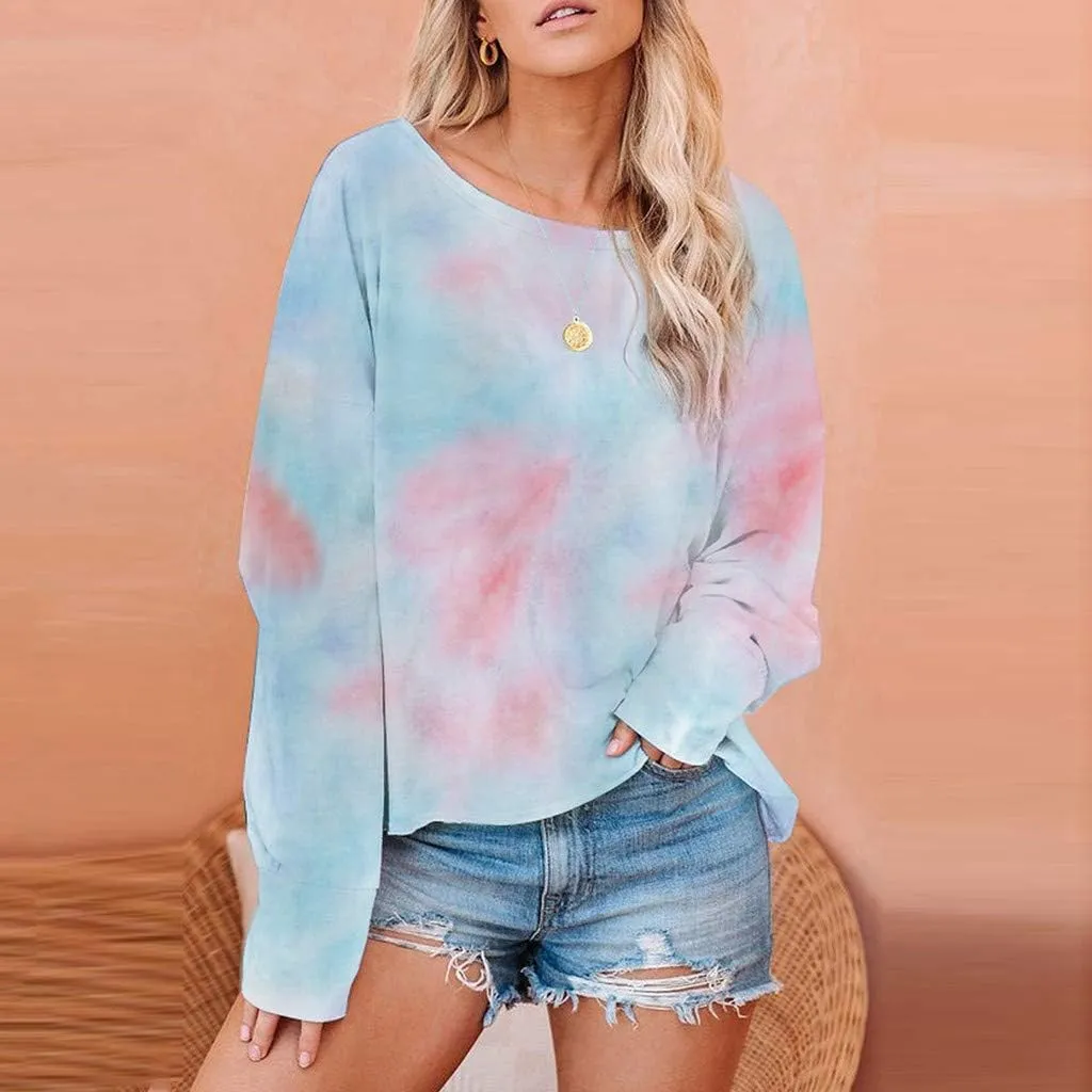 WUAI-Women Tie Dye Sweatshirt Oversized Long Sleeve Crewneck Loose Fit Casual Pullover Shirts Tunic Tops Loungewear
