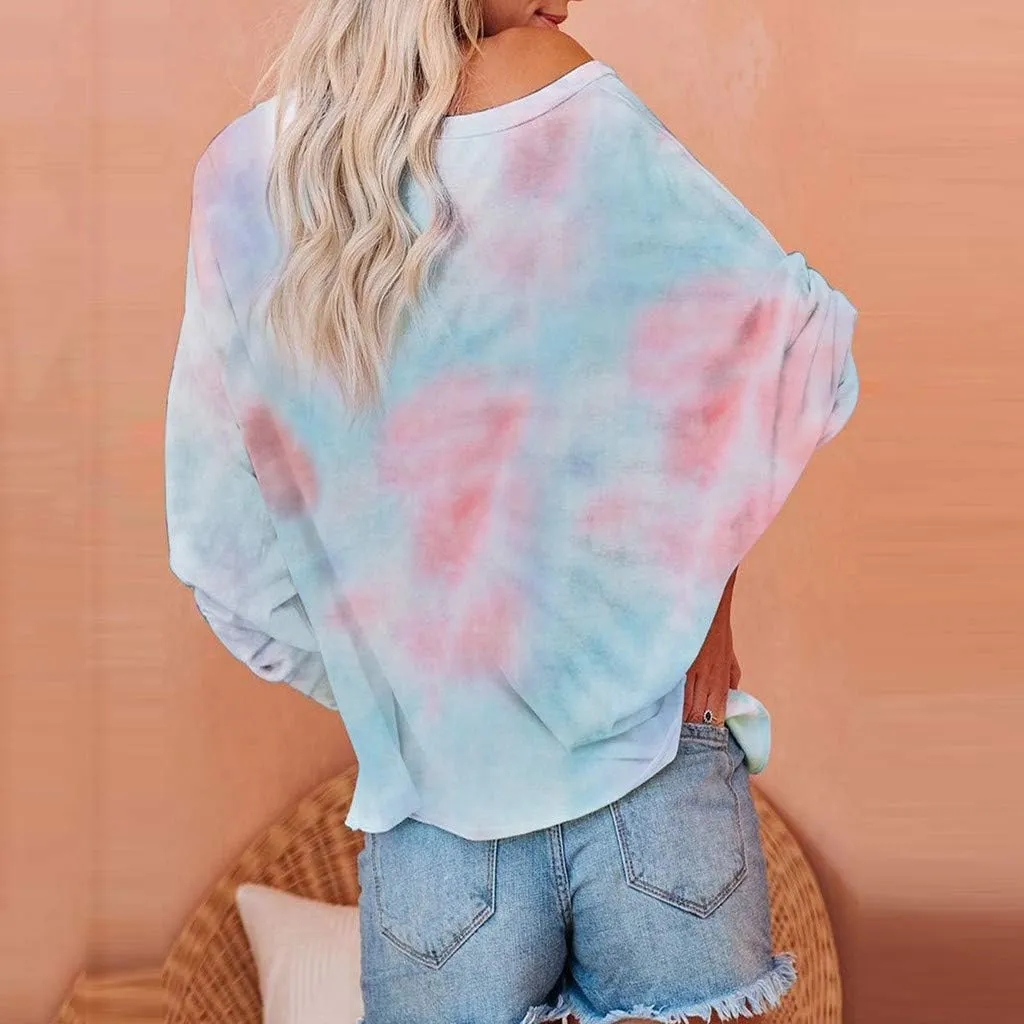 WUAI-Women Tie Dye Sweatshirt Oversized Long Sleeve Crewneck Loose Fit Casual Pullover Shirts Tunic Tops Loungewear