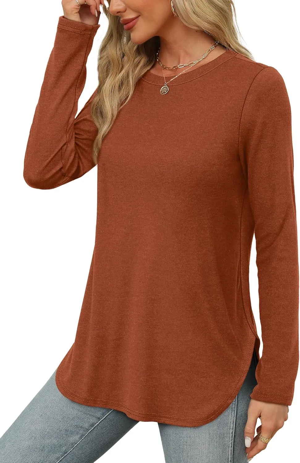 XIEERDUO Womens Long Sleeve Round Neck Shirts Side Split Basic Loose Tunic Tops Casual 2025
