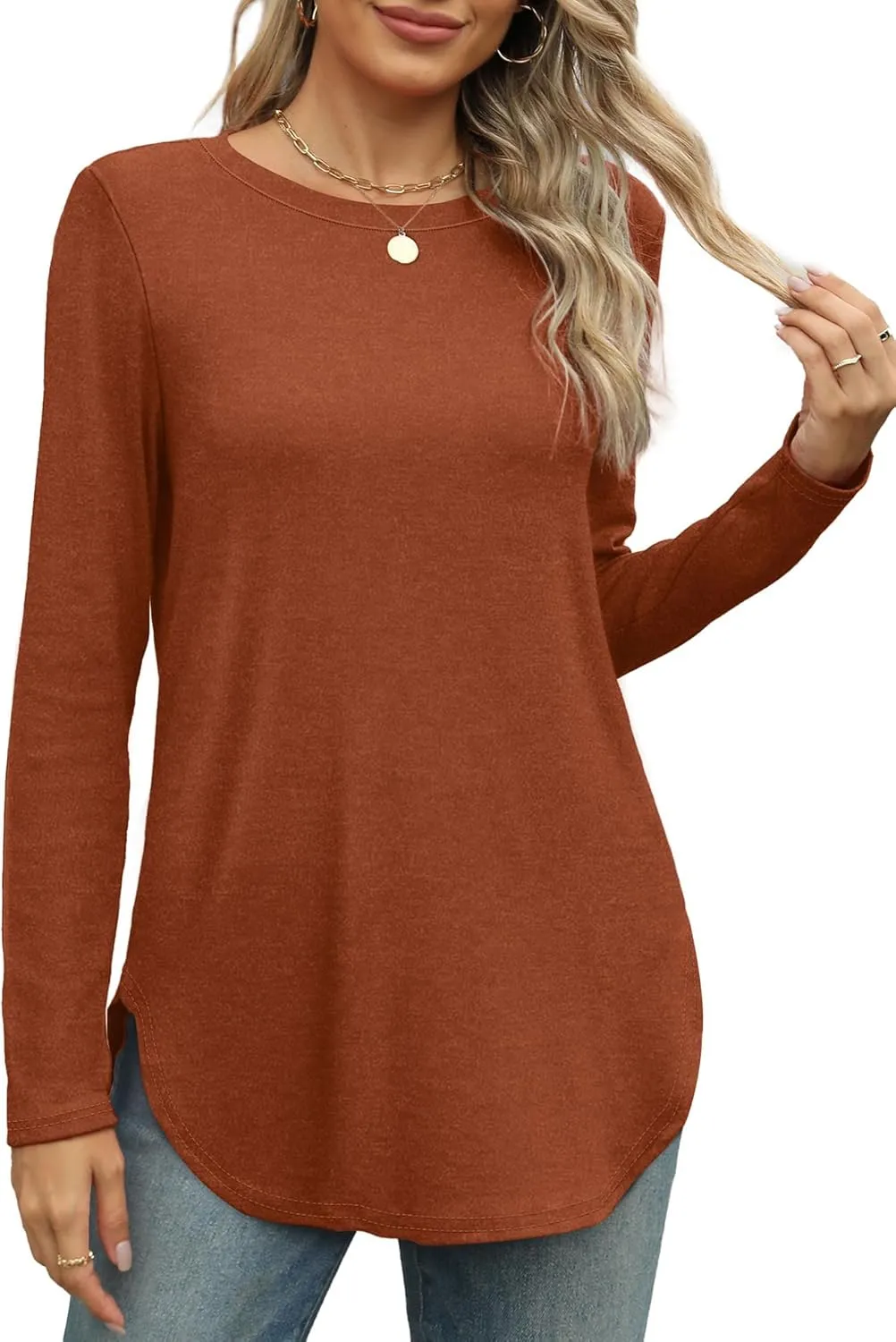 XIEERDUO Womens Long Sleeve Round Neck Shirts Side Split Basic Loose Tunic Tops Casual 2025
