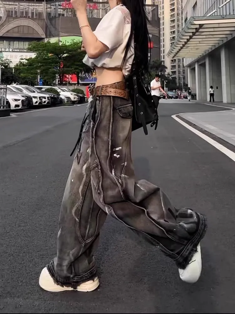 Y2k Retro High-Waisted Vintage Wide-Leg Jeans High-Street Heavy-Work Stripe Tie-Dye Jeans Unisex Floor-Length Pants