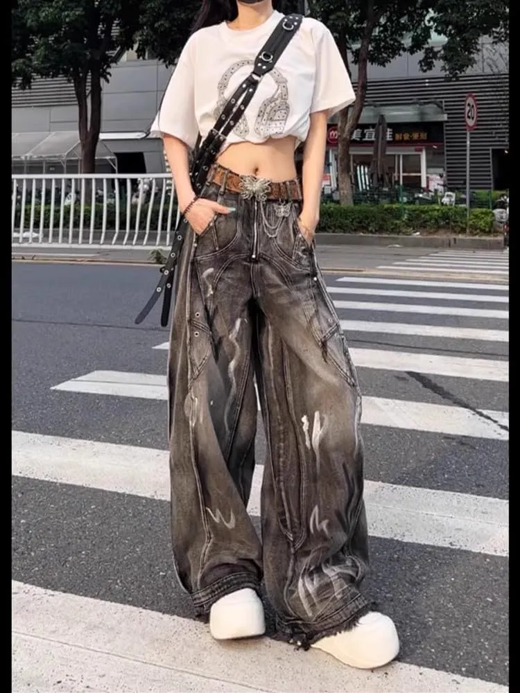 Y2k Retro High-Waisted Vintage Wide-Leg Jeans High-Street Heavy-Work Stripe Tie-Dye Jeans Unisex Floor-Length Pants