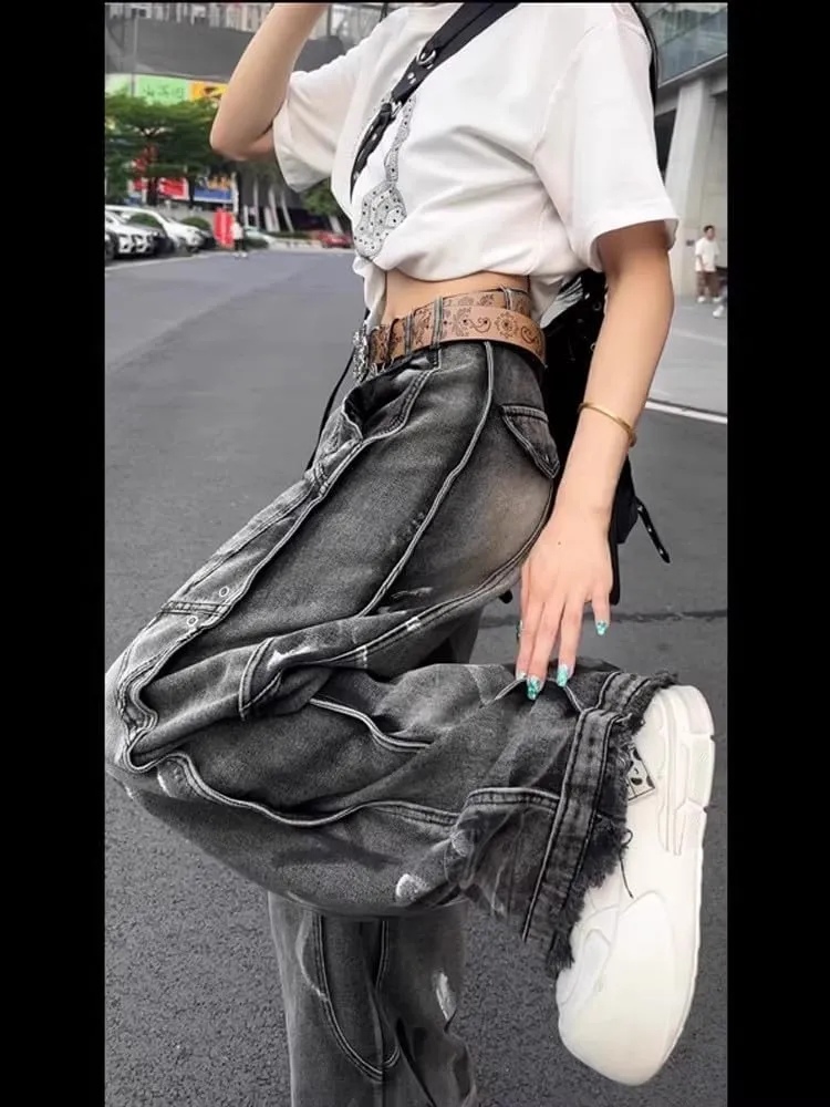 Y2k Retro High-Waisted Vintage Wide-Leg Jeans High-Street Heavy-Work Stripe Tie-Dye Jeans Unisex Floor-Length Pants