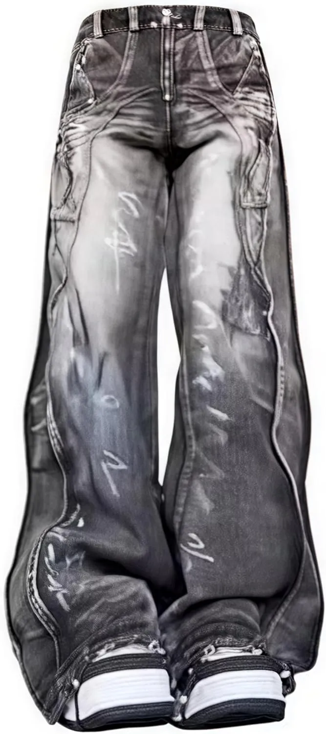 Y2k Retro High-Waisted Vintage Wide-Leg Jeans High-Street Heavy-Work Stripe Tie-Dye Jeans Unisex Floor-Length Pants