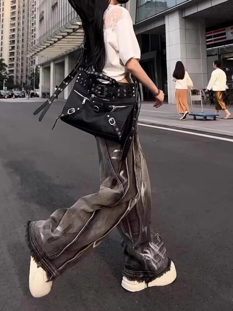 Y2k Retro High-Waisted Vintage Wide-Leg Jeans High-Street Heavy-Work Stripe Tie-Dye Jeans Unisex Floor-Length Pants
