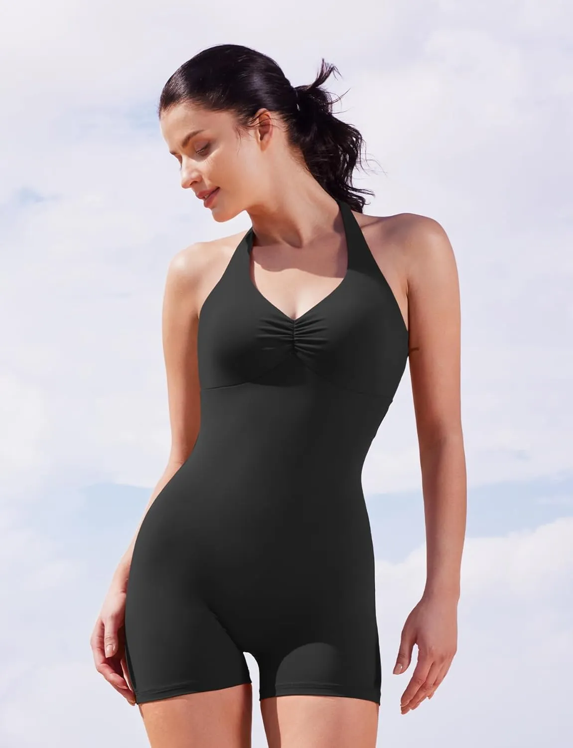 YEOREO Women Halter Workout Jumpsuits One Piece Backless Bodycon Bodysuits Hidden Scrunch V Back Yoga Joceline Short Romper