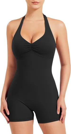 YEOREO Women Halter Workout Jumpsuits One Piece Backless Bodycon Bodysuits Hidden Scrunch V Back Yoga Joceline Short Romper