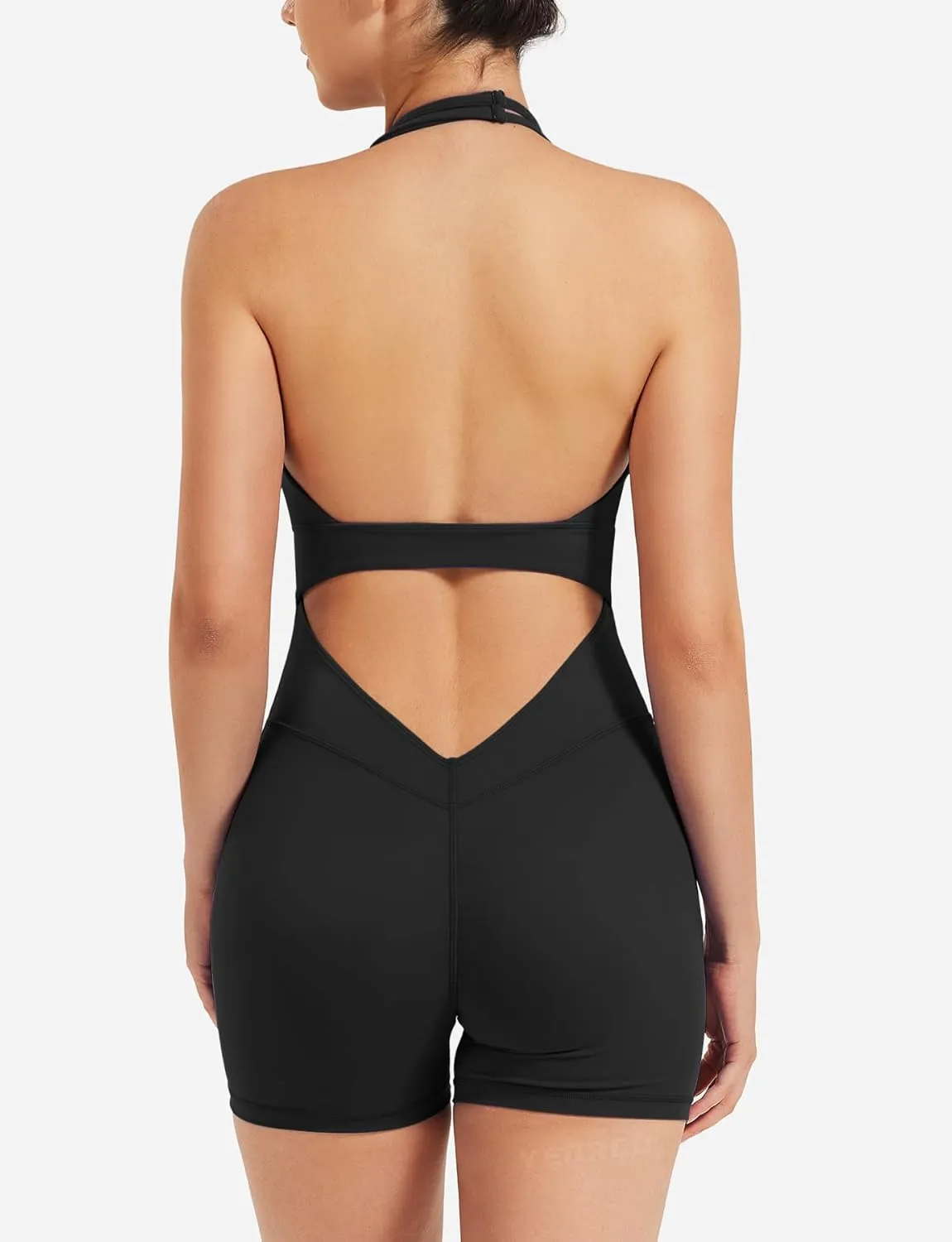 YEOREO Women Halter Workout Jumpsuits One Piece Backless Bodycon Bodysuits Hidden Scrunch V Back Yoga Joceline Short Romper