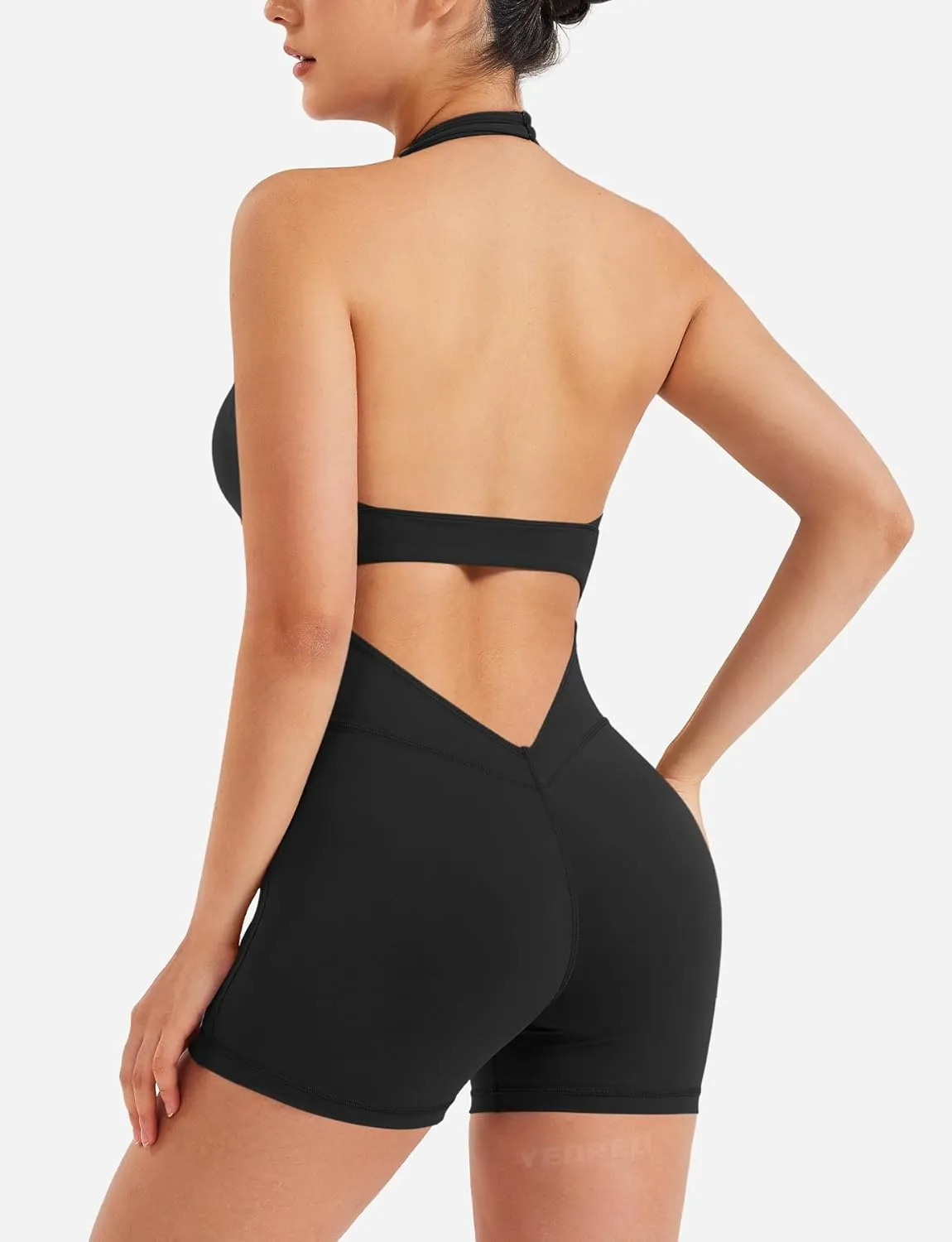 YEOREO Women Halter Workout Jumpsuits One Piece Backless Bodycon Bodysuits Hidden Scrunch V Back Yoga Joceline Short Romper