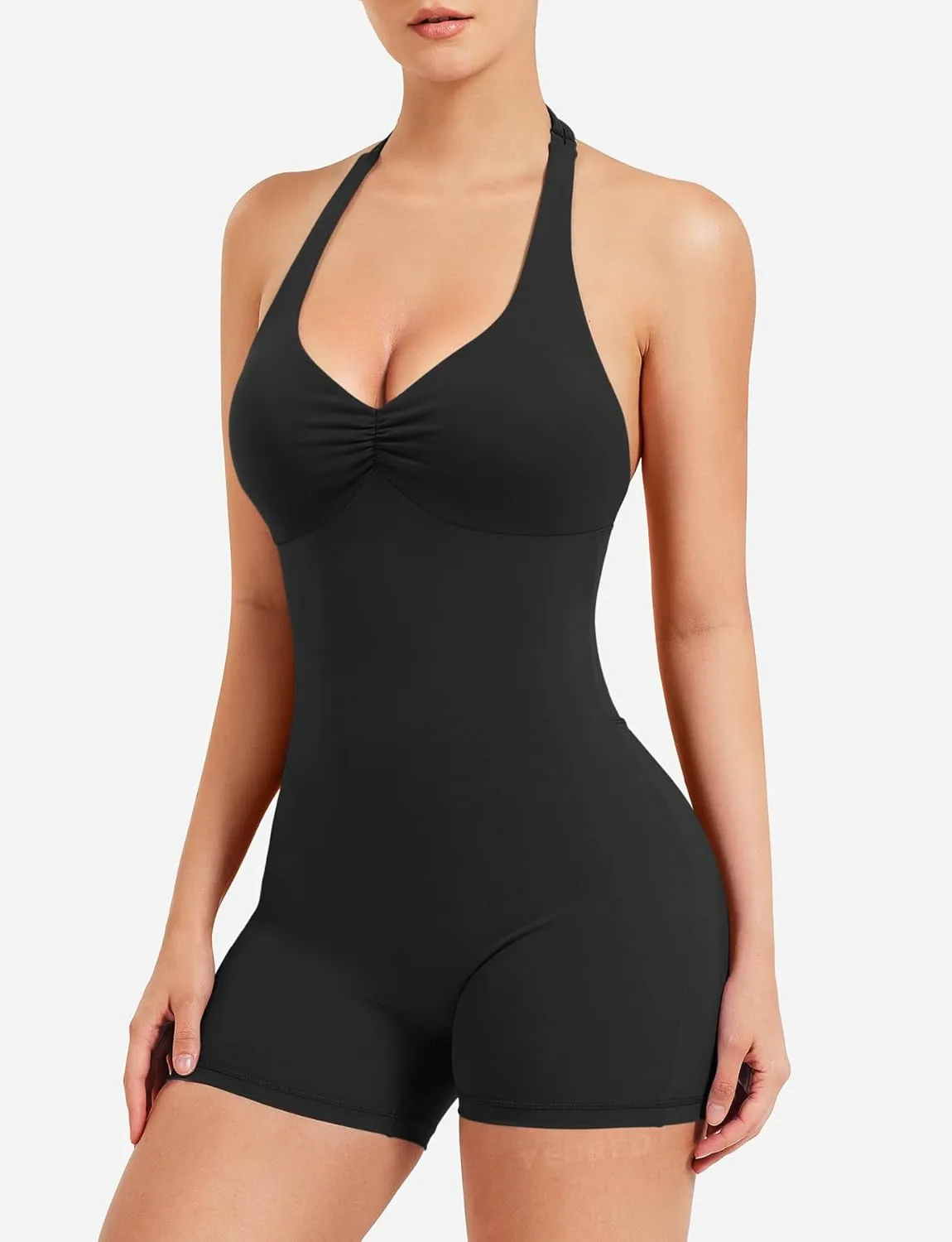 YEOREO Women Halter Workout Jumpsuits One Piece Backless Bodycon Bodysuits Hidden Scrunch V Back Yoga Joceline Short Romper
