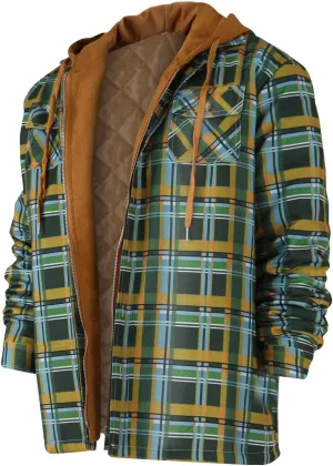 Ymosrh Hoodies for Men Quilted Lined Button Down Plaid Shirt Add Velvet to Keep Warm Jacket with Hood Mens Jackets