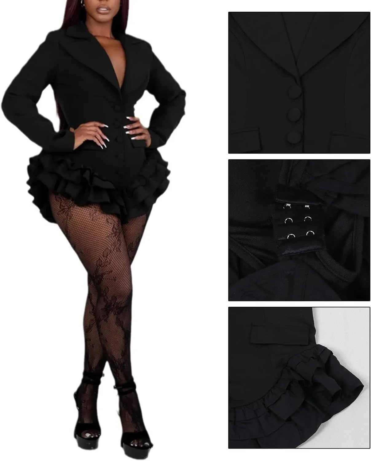YOOTIKO Women's Ruffle Sexy Romper Club Outfits Blazer Long Sleeve Short Jumpsuits Without Tights